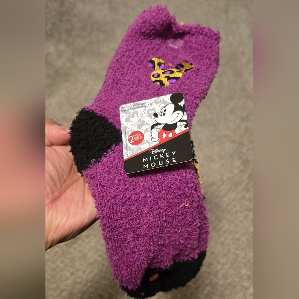 2PK Women's Disney Mickey Mouse Fuzzy Socks - Purple and Black